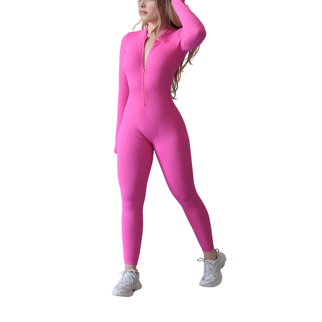 Enterizo deportivo supplex para mujer, efecto basico, textil lycra transpirable con relieves acanalado. Color rosa | Adriana Olimpo