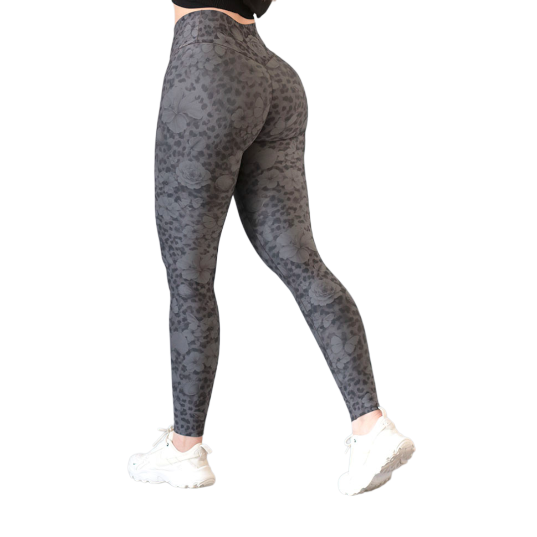 Leggings push up | Supplex Stretch, Liso Flores Print – Gris