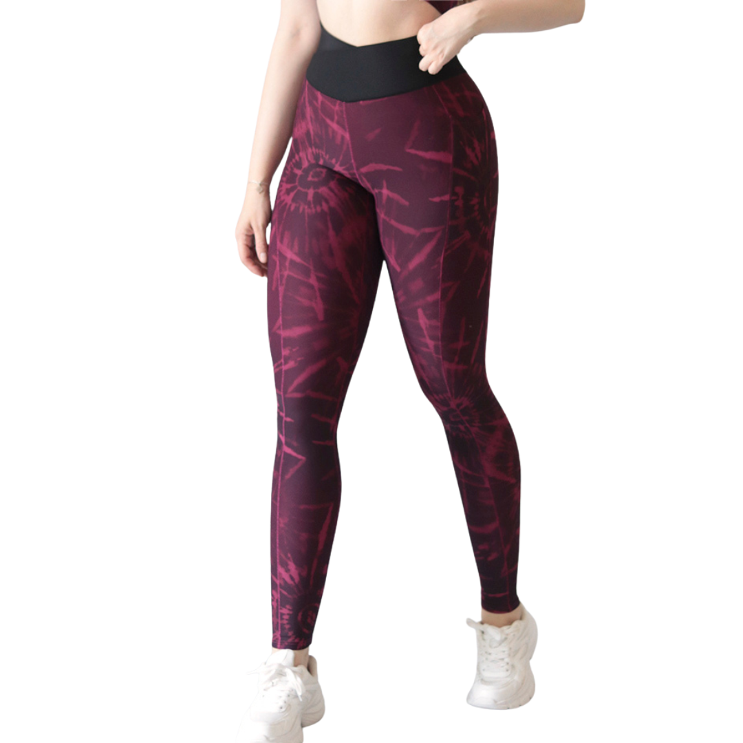 Leggings deportivos supplex para mujer, efecto básico con cintura alta, textil lycra transpirable con acabado liso tie day. Color vino | Adriana Olimpo