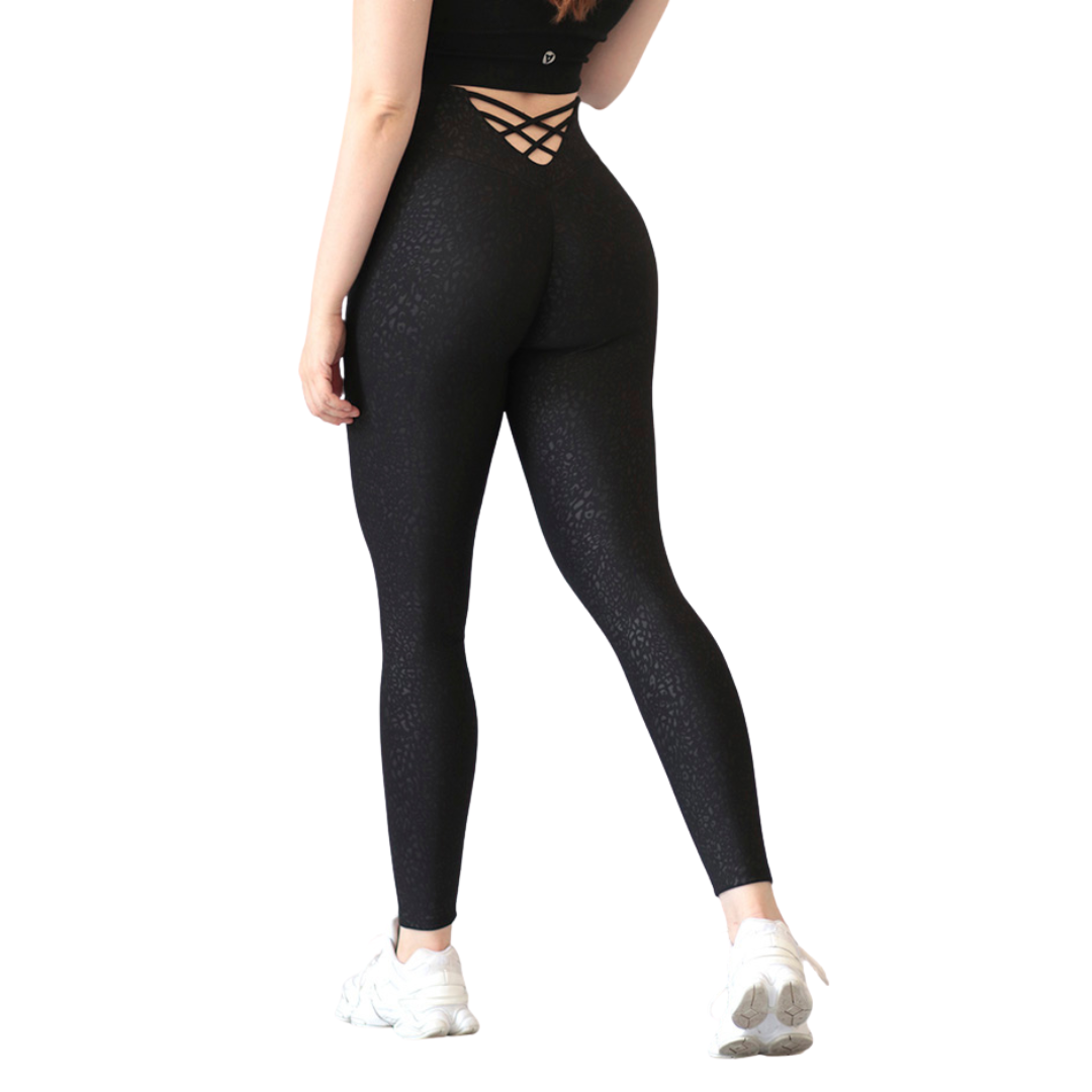 Leggings deportivos supplex para mujer, efecto push up con cintura alta, textil lycra transpirable con relieves de mini print. Color negro | Adriana Olimpo