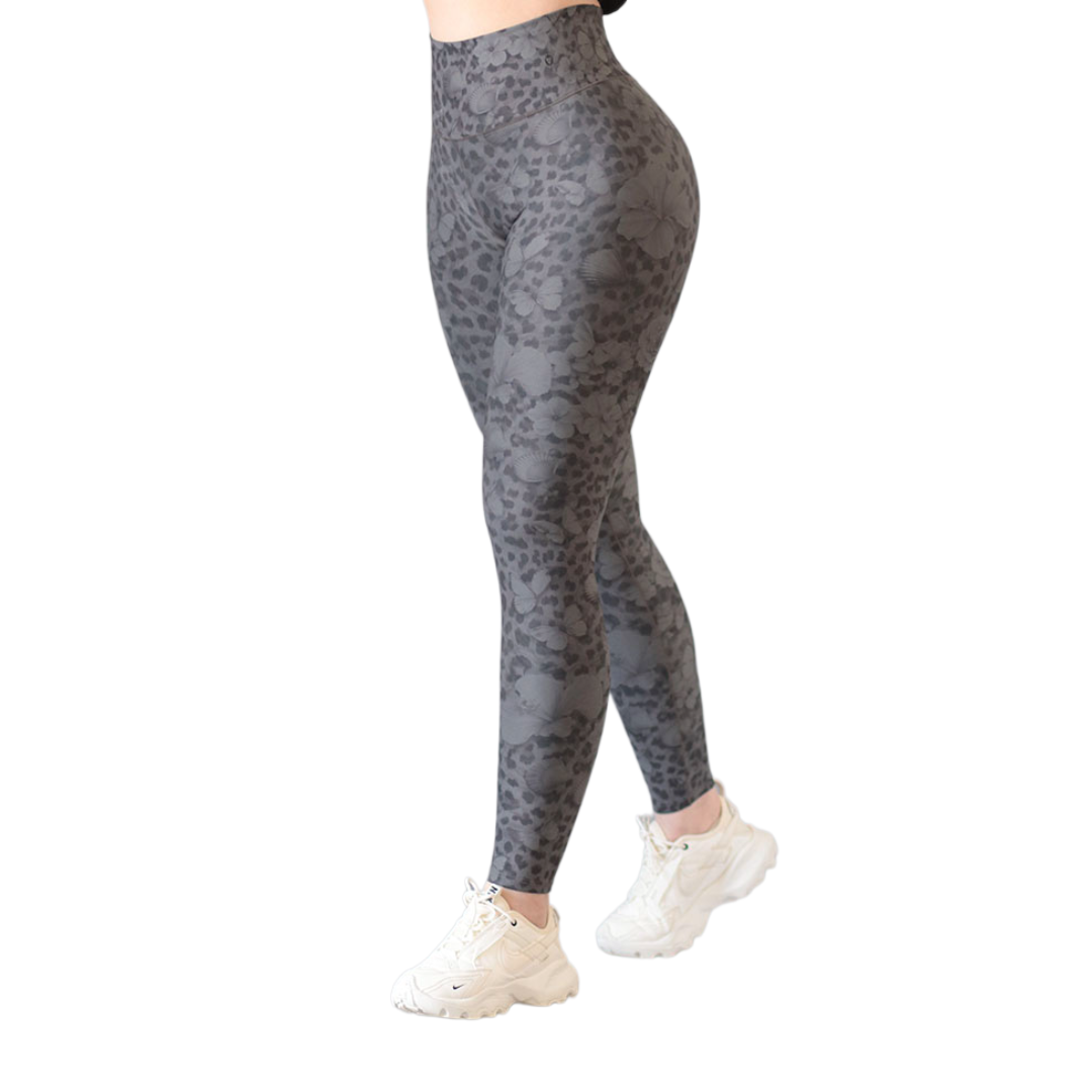 Leggings push up | Supplex Stretch, Liso Flores Print – Gris