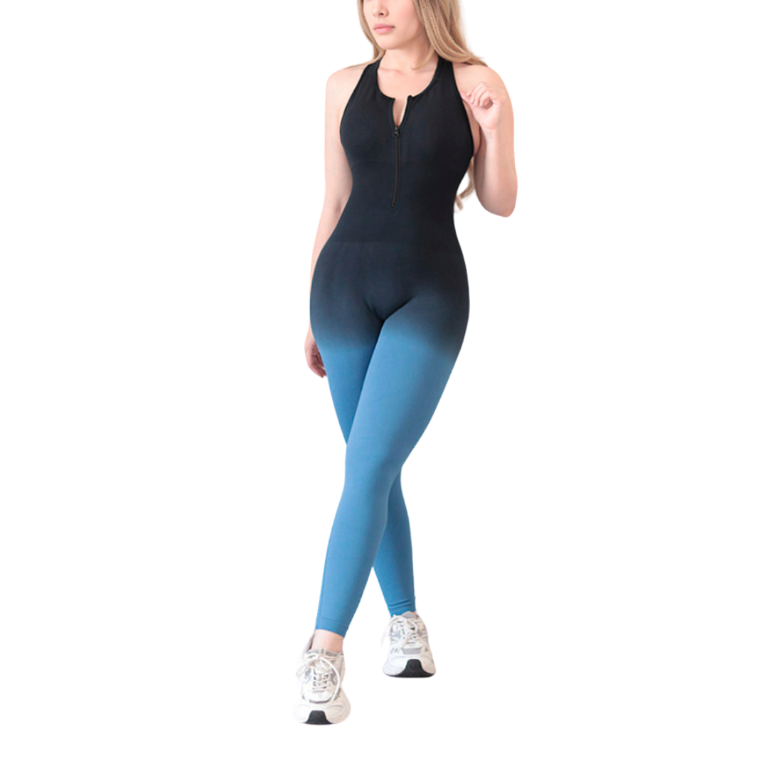 Enterizo deportivo supplex para mujer, efecto push up, textil lycra transpirable con relieves de líneas. Color azul degradado | Adriana Olimpo