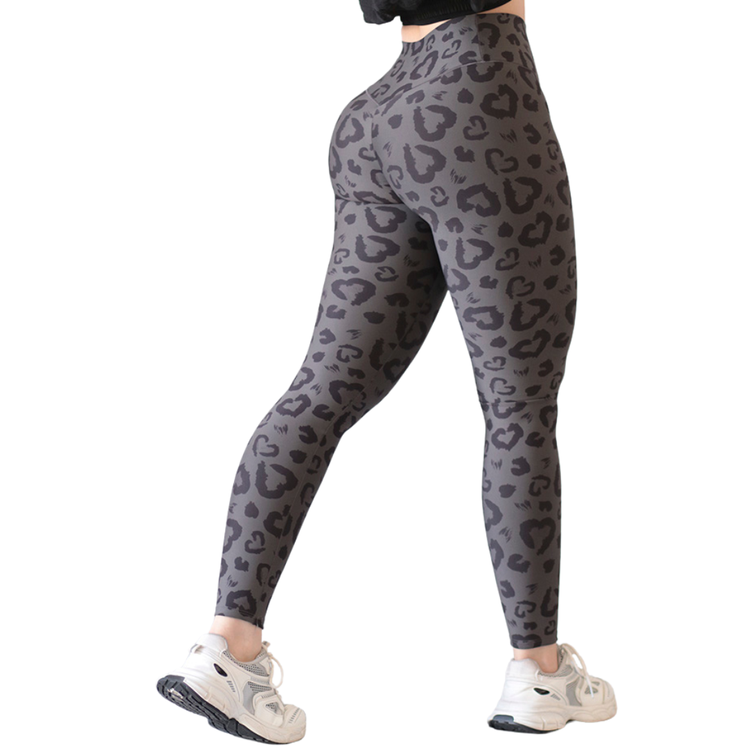 Leggings Deportivos para Mujer Fitness: Efecto Push Up, Cintura Alta, Textil Lycra Transpirable con Acabado Liso Corazón Print, Color Gris | Adriana Olimpo
