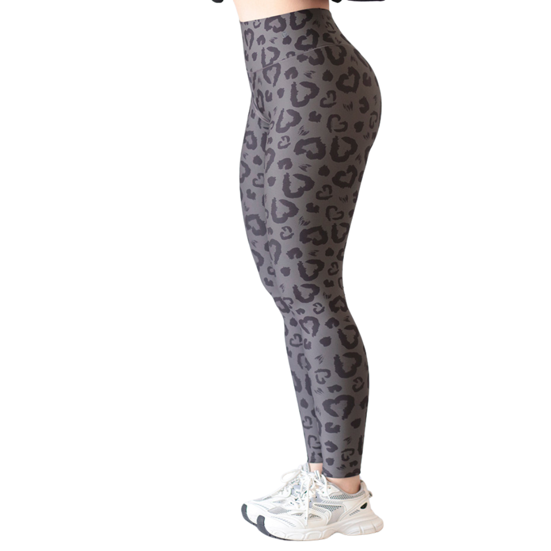 Leggings Deportivos para Mujer Fitness: Efecto Push Up, Cintura Alta, Textil Lycra Transpirable con Acabado Liso Corazón Print, Color Gris | Adriana Olimpo