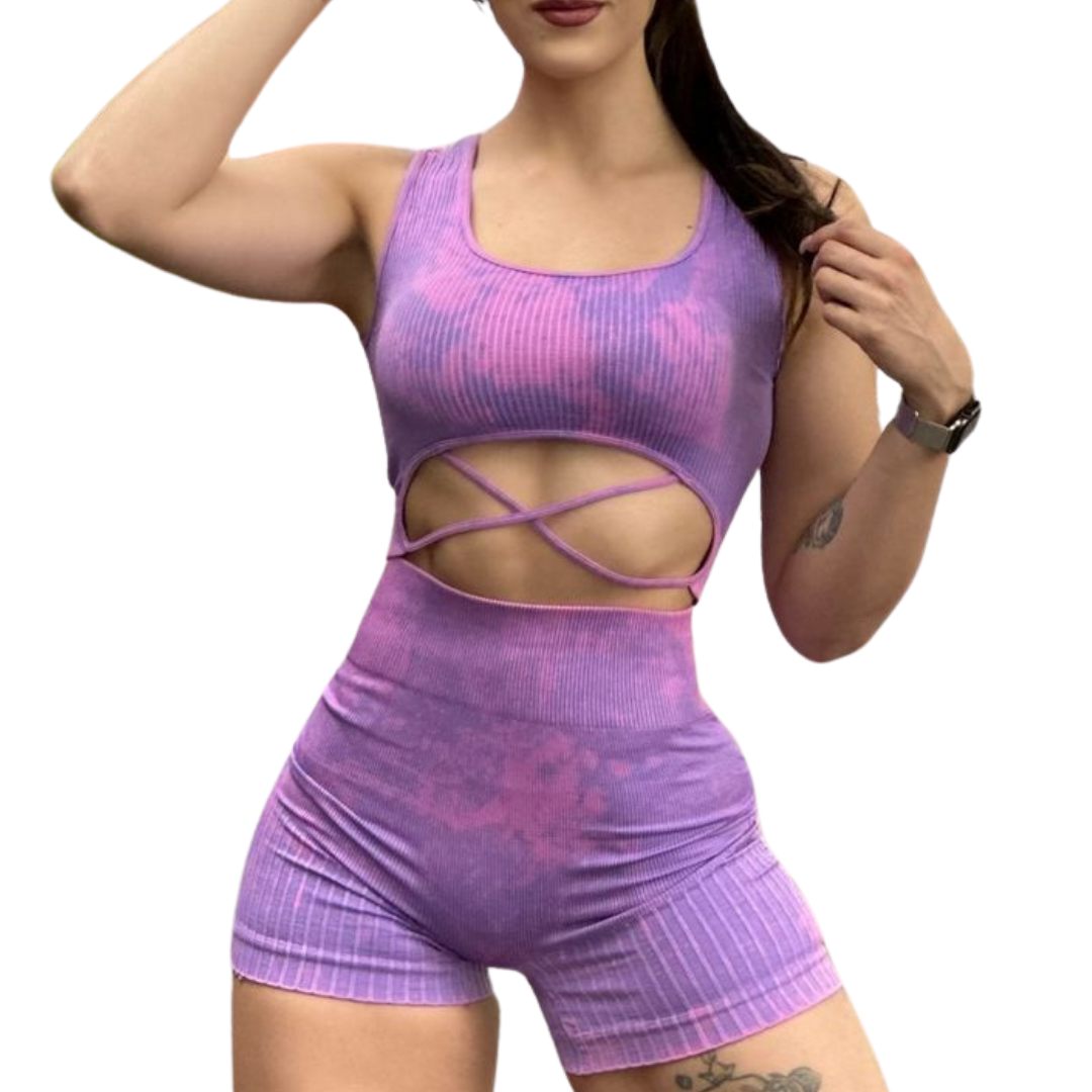 Conjunto Deportivo para Mujer Fitness: Top Halter, Efecto Push Up, Textil Tejido, Transpirable con Relieve de Lineas, Color Lila | Adriana Olimpo