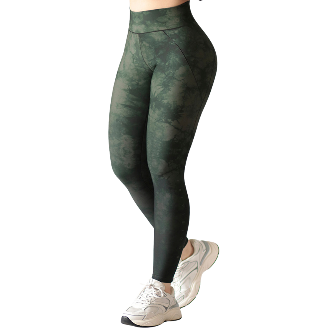 Leggings Deportivos para Mujer Fitness: Efecto Básico, Cintura Alta, Textil Lycra Transpirable con Acabado Liso Tie Dye, Verde Obscuro | Adriana Olimpo