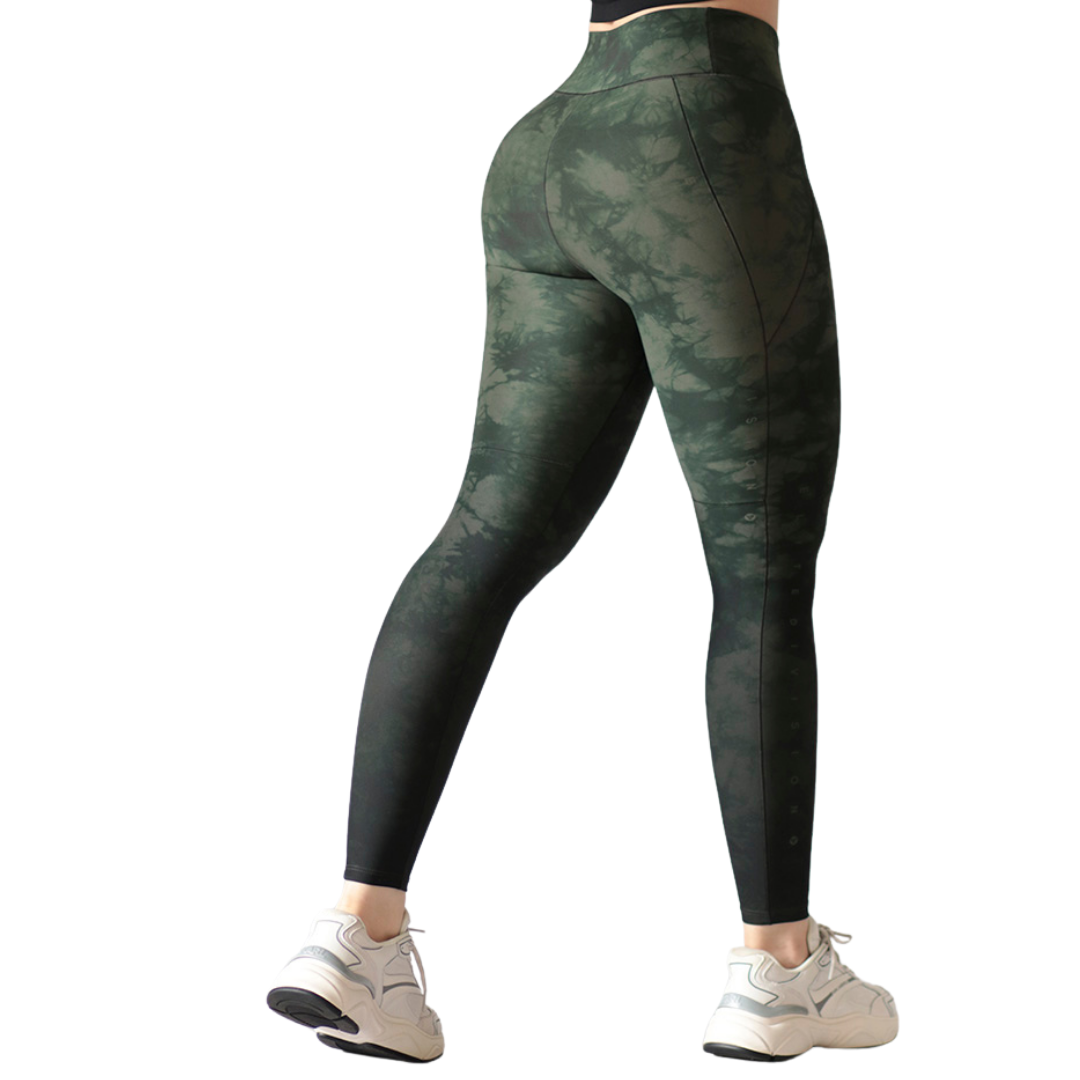 Leggings Deportivos para Mujer Fitness: Efecto Básico, Cintura Alta, Textil Lycra Transpirable con Acabado Liso Tie Dye, Verde Obscuro | Adriana Olimpo