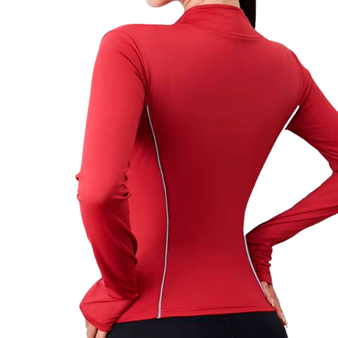 Chamarra Deportiva para Mujer Fitness: Manga Larga, Textil Lycra Transpirable con Acabado Liso Reflectante, Color Roja | Adriana Olimpo.