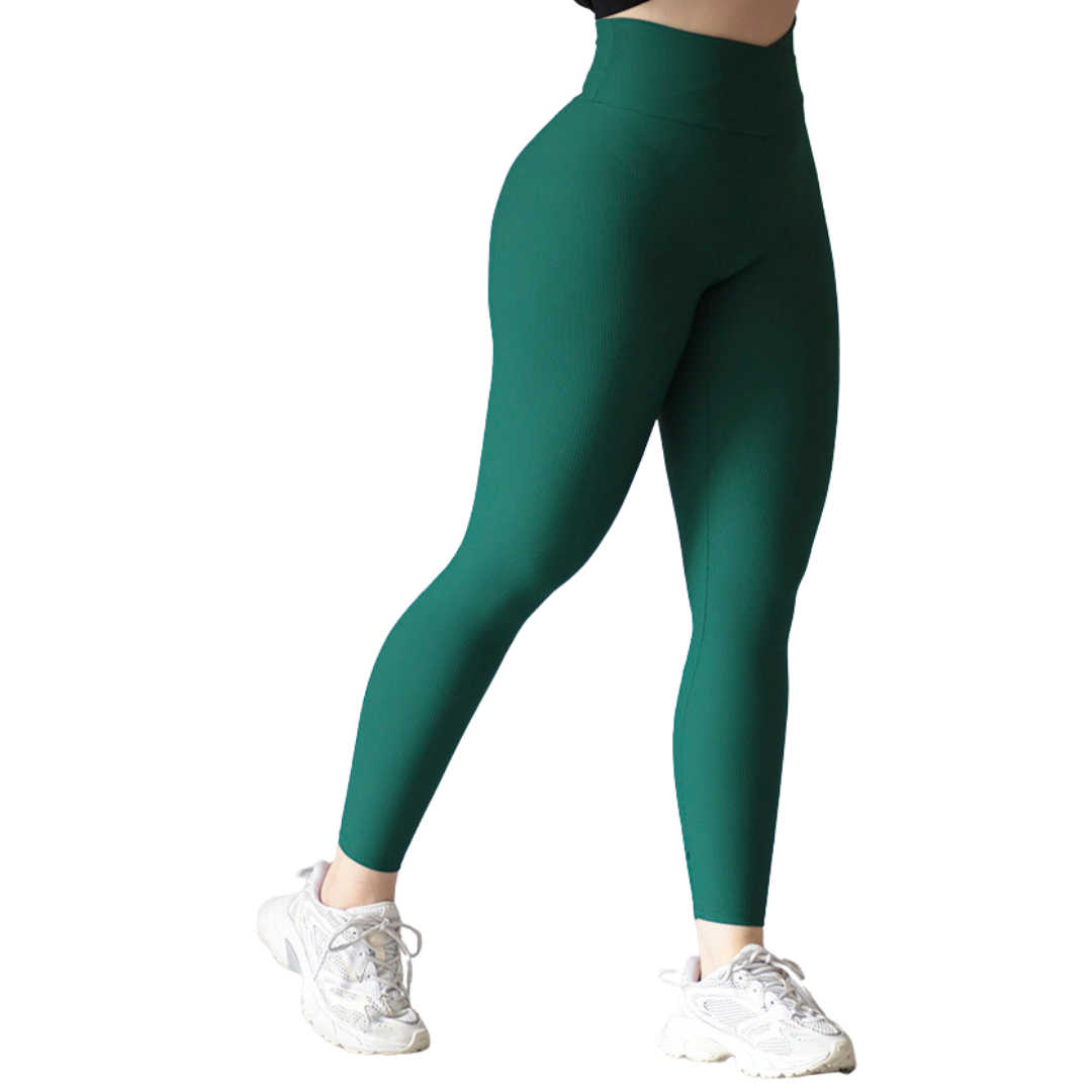 Leggings deportivos supplex para mujer, efecto básico con cintura alta, textil lycra transpirable texturizado de líneas. Color verde botella | Adriana Olimpo