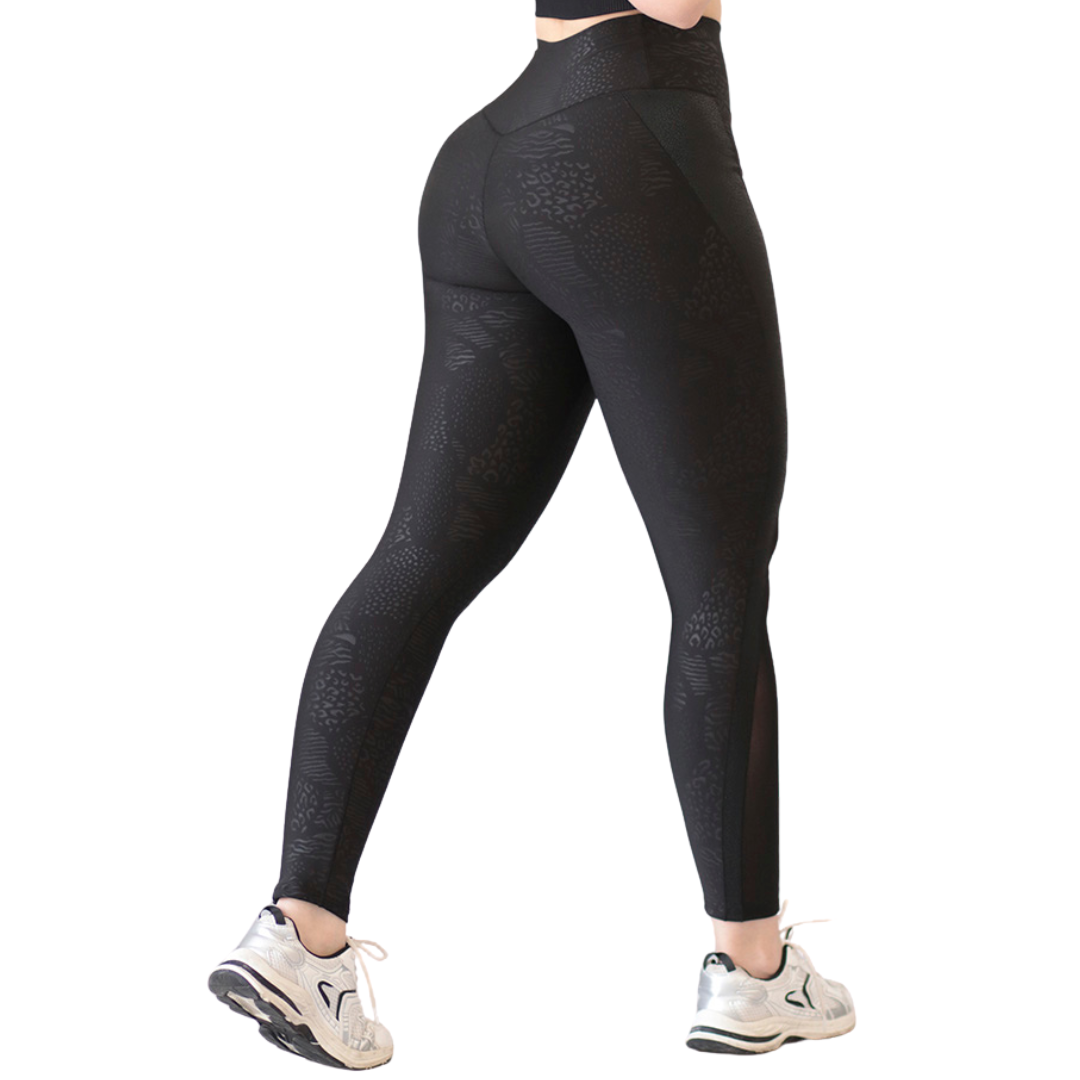 Leggings Deportivos para Mujer Fitness: Efecto Básico, Cintura Alta, Textil Lycra Transpirable con Relieves Multiprint y Transparencia, Color Negro | Adriana Olimpo
