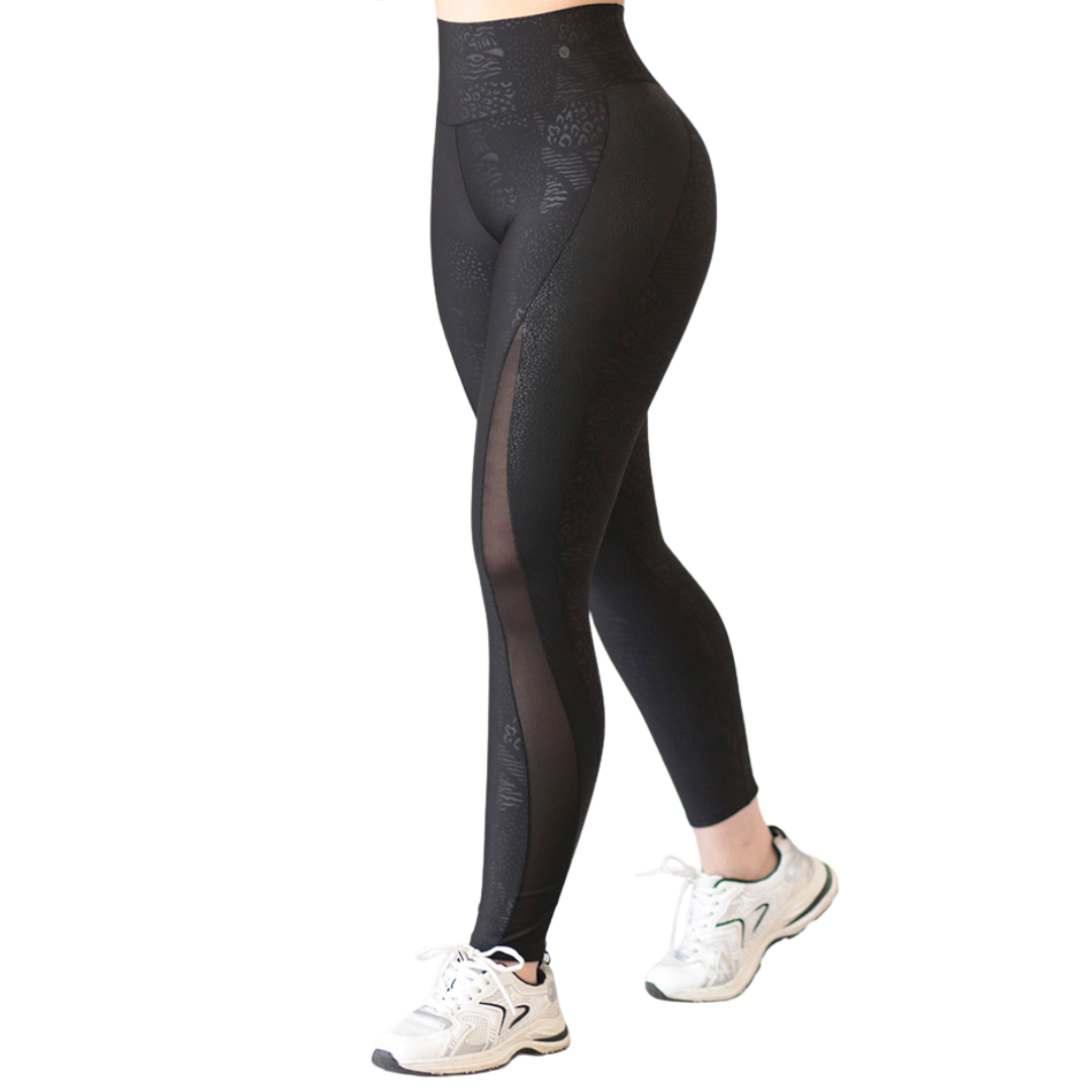 Leggings Deportivos para Mujer Fitness: Efecto Básico, Cintura Alta, Textil Lycra Transpirable con Relieves Multiprint y Transparencia, Color Negro | Adriana Olimpo