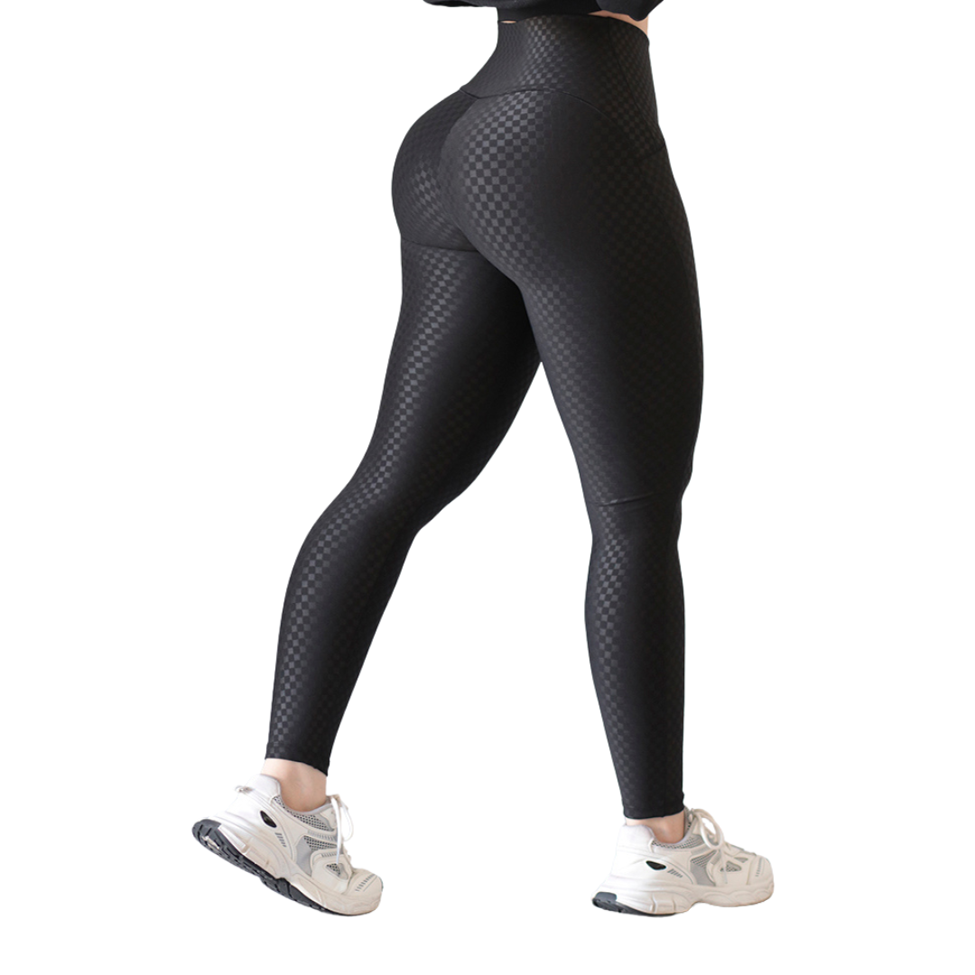 Leggings Deportivos para Mujer Fitness: Efecto Básico, Cintura Alta, Textil Lycra Transpirable con Relieves de Cubos, Color Negro | Adriana Olimpo