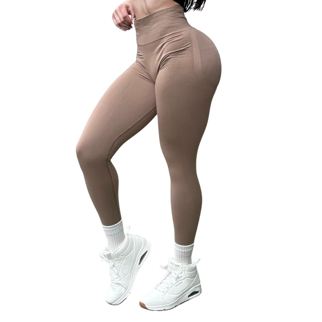 Leggings Deportivos Seamless de Compresión para Mujer Fitness: Glúteos Redondos, Vientre Plano y Cintura Definida | Push Up + Compresión Faja, Ultra Cómodos y Sin Costuras, Color Marrón Sepia | Adriana Olimpo