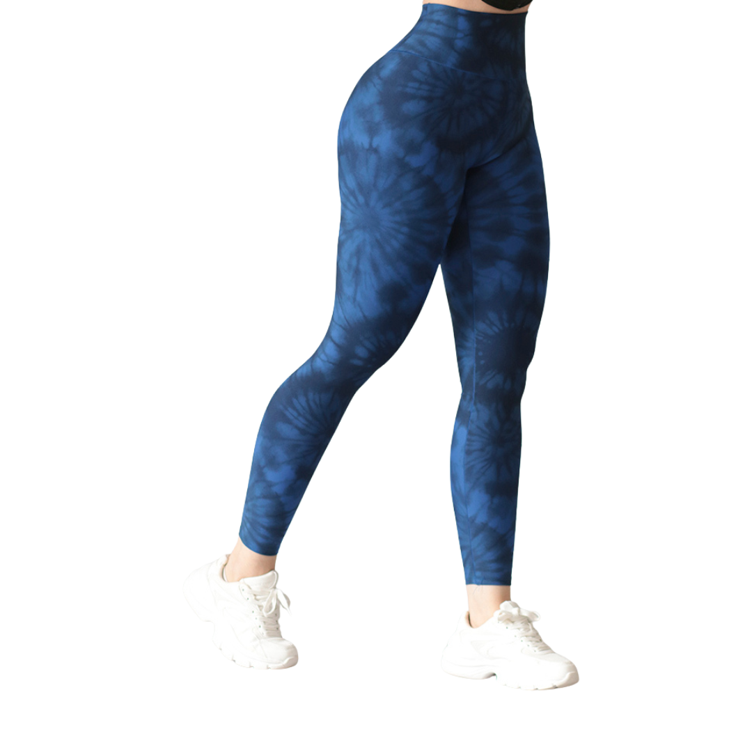 Leggings deportivos supplex para mujer, efecto push up con cintura alta, textil lycra transpirable con acabado liso tie day. Color Azul | Adriana Olimpo