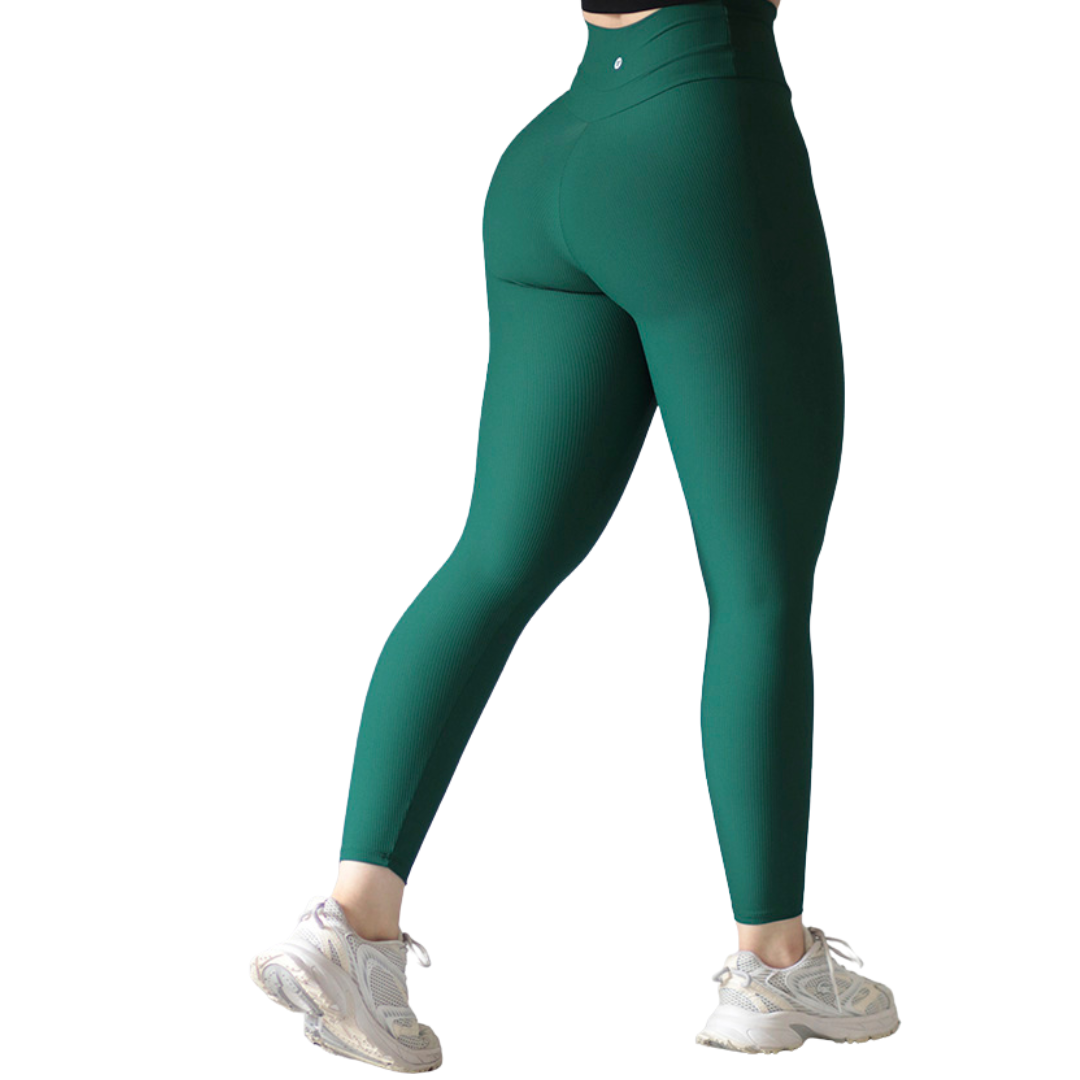 Leggings deportivos supplex para mujer, efecto básico con cintura alta, textil lycra transpirable texturizado de líneas. Color verde botella | Adriana Olimpo