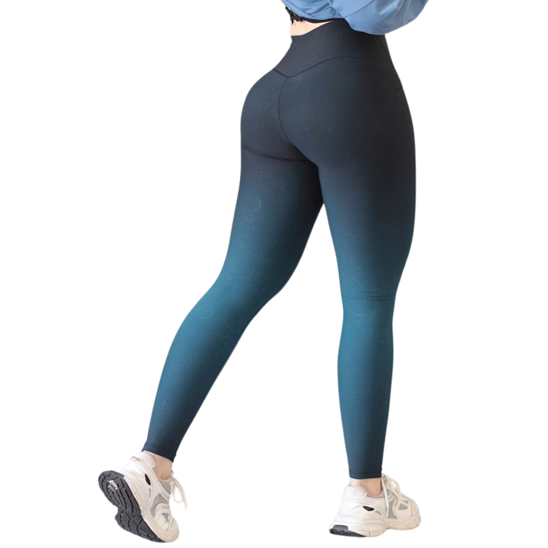 Leggings Deportivos para Mujer Fitness: Efecto Básico, Cintura Alta, Textil Lycra Transpirable con Relieves Soles, Color Azul Degradado | Adriana Olimpo