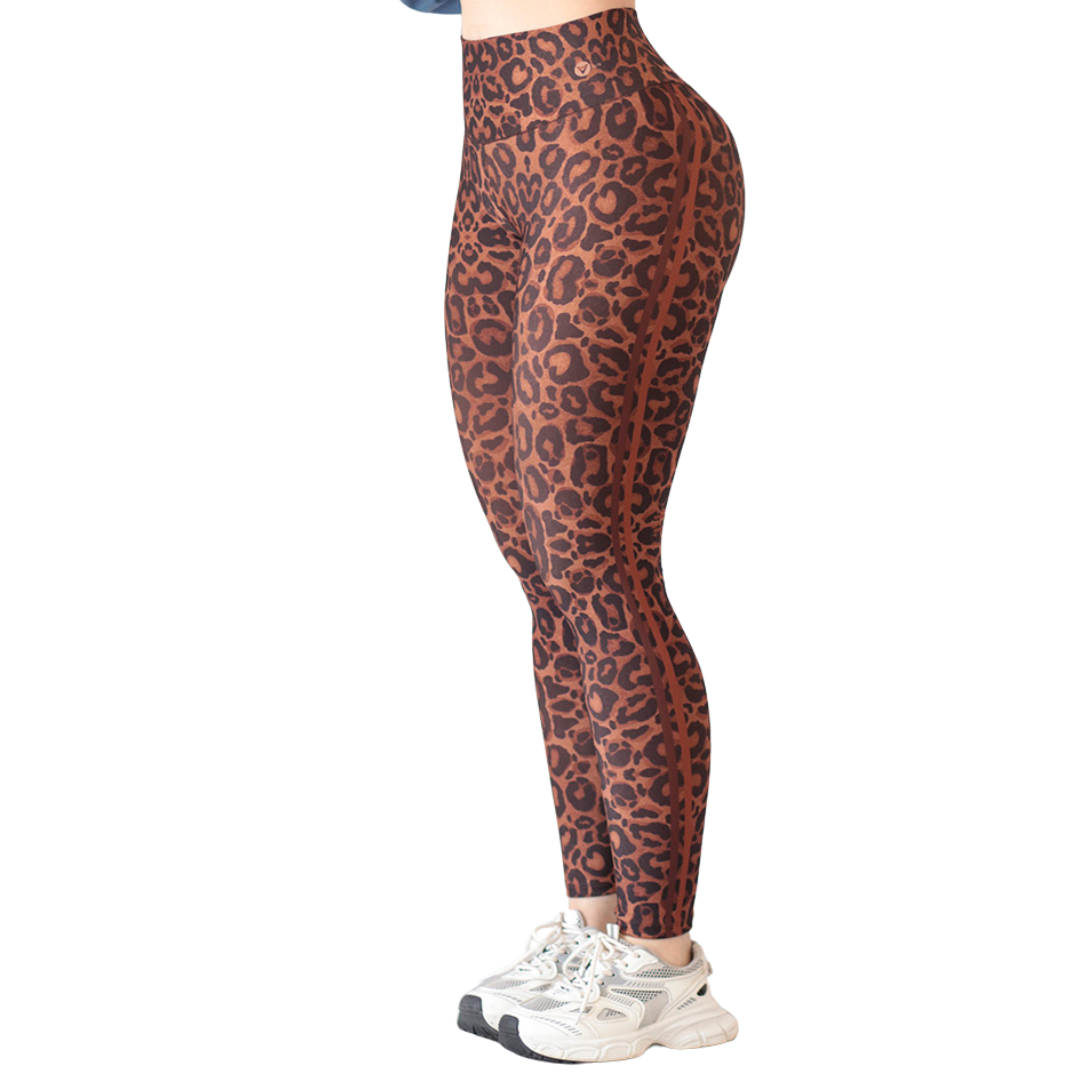 Leggings Deportivos para Mujer Fitness: Efecto Básico, Cintura Alta, Textil Lycra Transpirable con Acabado Liso Leopardo, Color Café | Adriana Olimpo