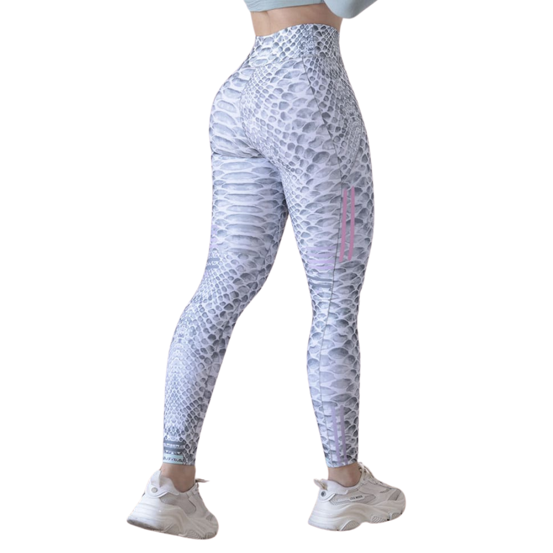 Leggings Deportivos para Mujer Fitness: Efecto Básico, Cintura Alta, Textil Lycra Transpirable con Acabado Liso Reptil, Blanco | Adriana Olimpo