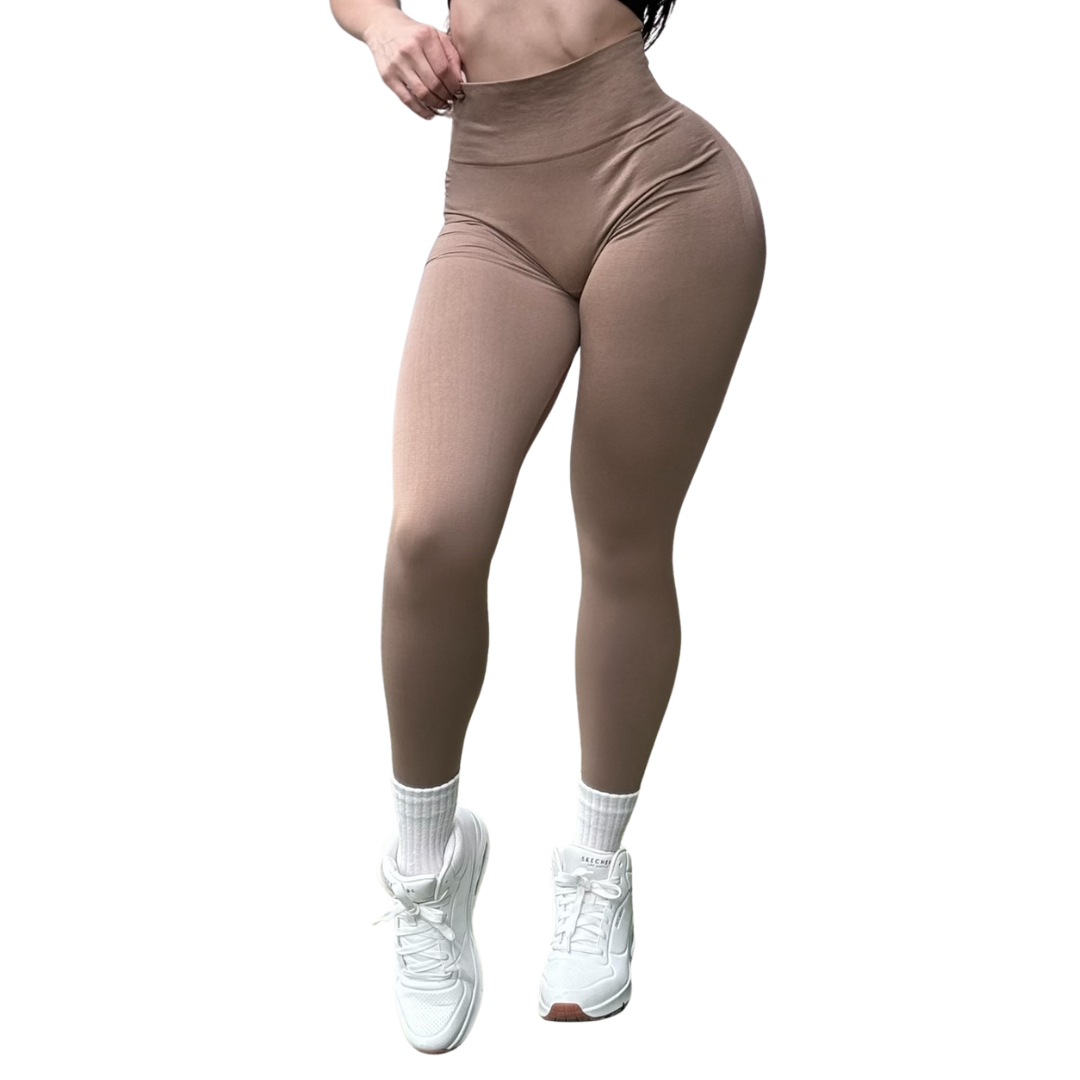 Leggings Deportivos Seamless de Compresión para Mujer Fitness: Glúteos Redondos, Vientre Plano y Cintura Definida | Push Up + Compresión Faja, Ultra Cómodos y Sin Costuras, Color Marrón Sepia | Adriana Olimpo