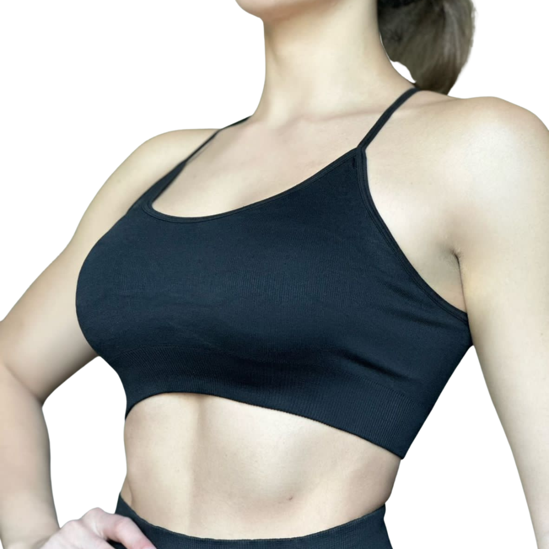 Top para Mujer Fitness: Efecto Alto Impacto, Textil Liso, Transpirable con Copas, Negro | Adriana Olimpo
