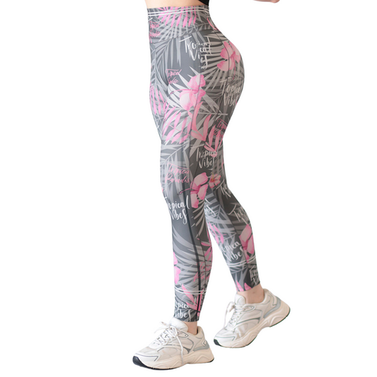Leggings Deportivos para Mujer Fitness: Efecto Básico, Cintura Alta, Con Bolsillos Laterales, Textil Lycra Transpirable con Acabado Liso Floral, Color Gris-Rosa | Adriana Olimpo