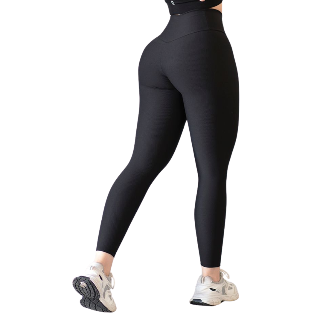 Leggings Deportivos para Mujer Fitness:  Efecto Básico, Cintura Alta, Textil Lycra Transpirable con Relieves de Lineas, Color Negro  | Adriana Olimpo