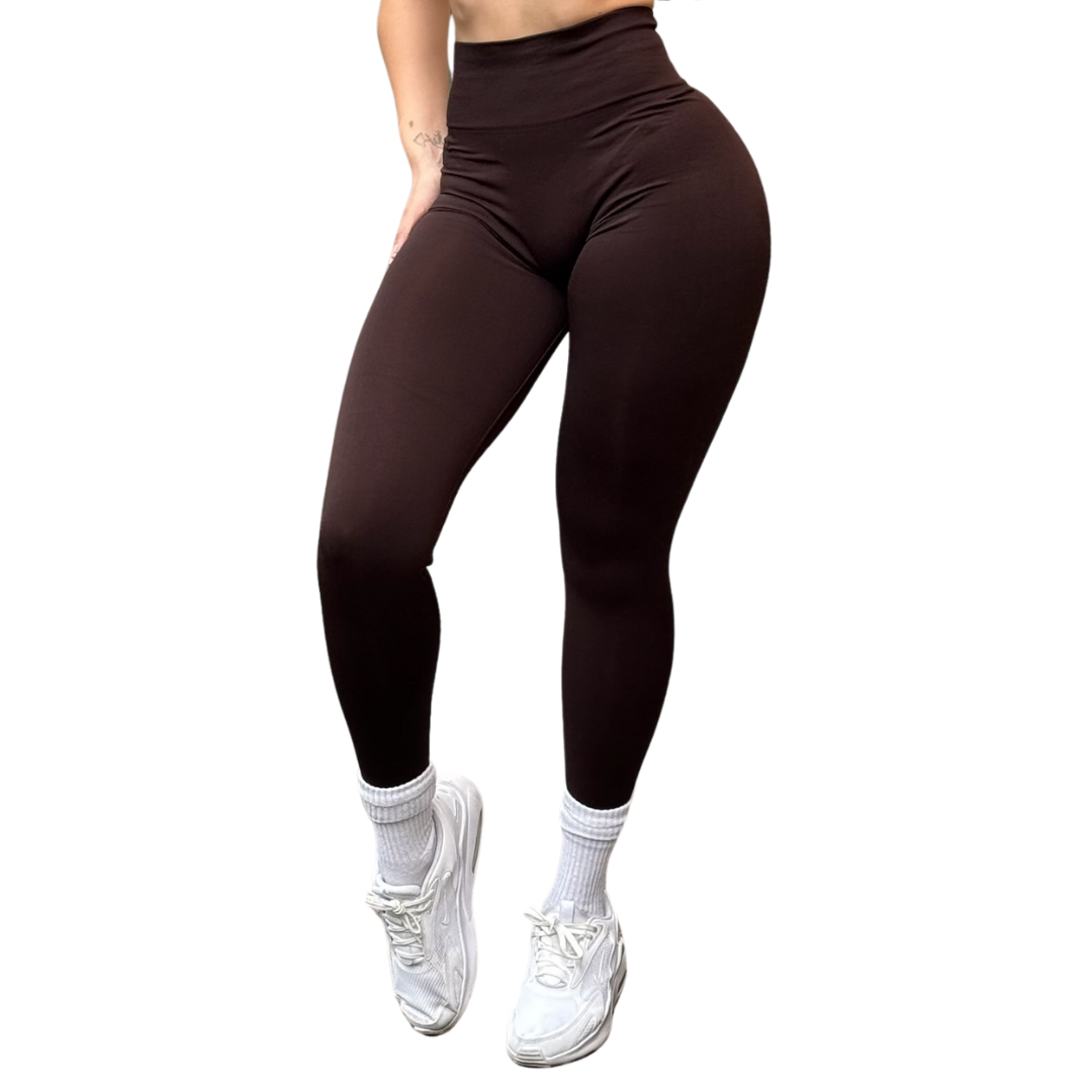 Leggings Deportivos para Mujer Fitness: Seamless Efecto Push Up y Burbuja, Cintura Alta, Textil Tejido Liso Suave Transpirable , Color Brownie-Cacao | Adriana Olimpo