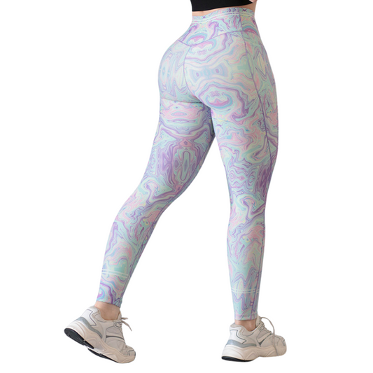 Leggings Deportivos para Mujer Fitness: Efecto Básico, Cintura Alta, Con Bolsillos Laterales, Textil Lycra Transpirable con Acabado Liso Marmol, Color Morado | Adriana Olimpo