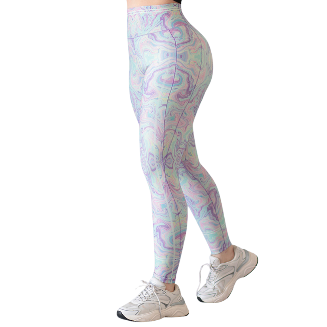 Leggings Deportivos para Mujer Fitness: Efecto Básico, Cintura Alta, Con Bolsillos Laterales, Textil Lycra Transpirable con Acabado Liso Marmol, Color Morado | Adriana Olimpo