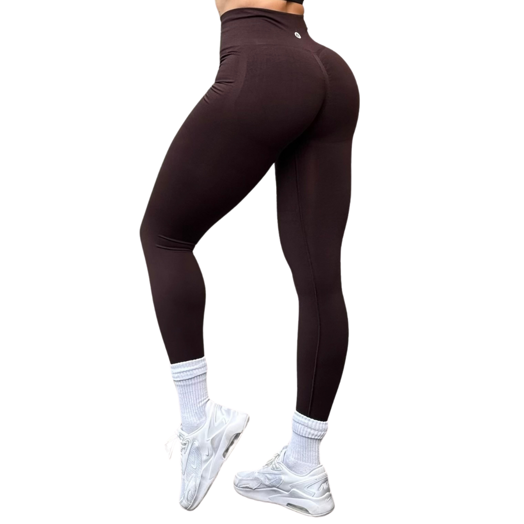 Leggings Deportivos para Mujer Fitness: Seamless Efecto Push Up y Burbuja, Cintura Alta, Textil Tejido Liso Suave Transpirable , Color Brownie-Cacao | Adriana Olimpo