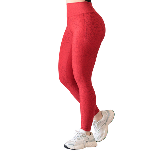Leggings Deportivos para Mujer Fitness: Efecto Básico, Cintura Alta, Con Bolsillos Laterales, Textil Lycra Transpirable con Acabado Liso Mandala, Color Rojo | Adriana Olimpo