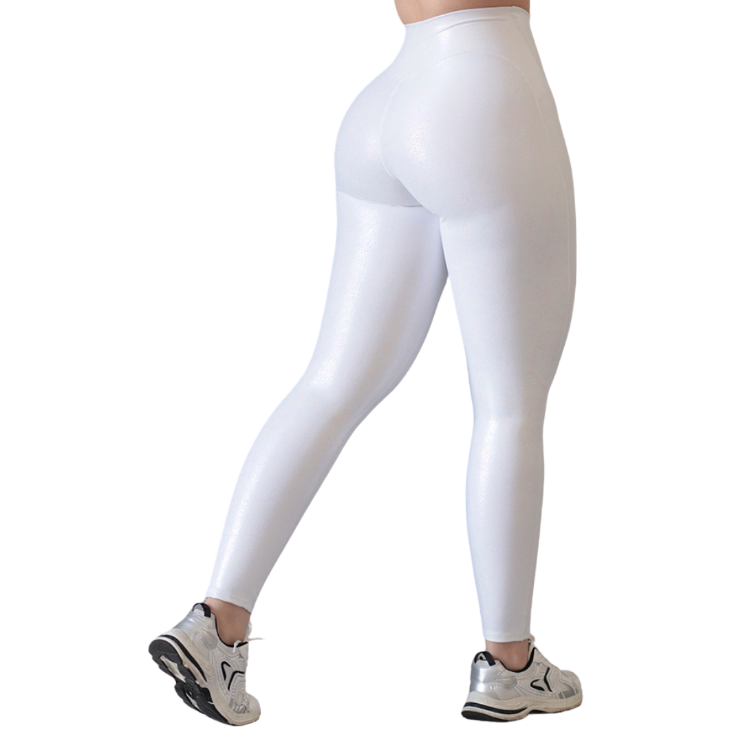 Leggings Deportivos para Mujer Fitness:  Efecto Básico, Cintura Alta, Textil Lycra Transpirable con Destellos Reflectantes✨ y Relieves Tornasol, Color Blanco | Adriana Olimpo
