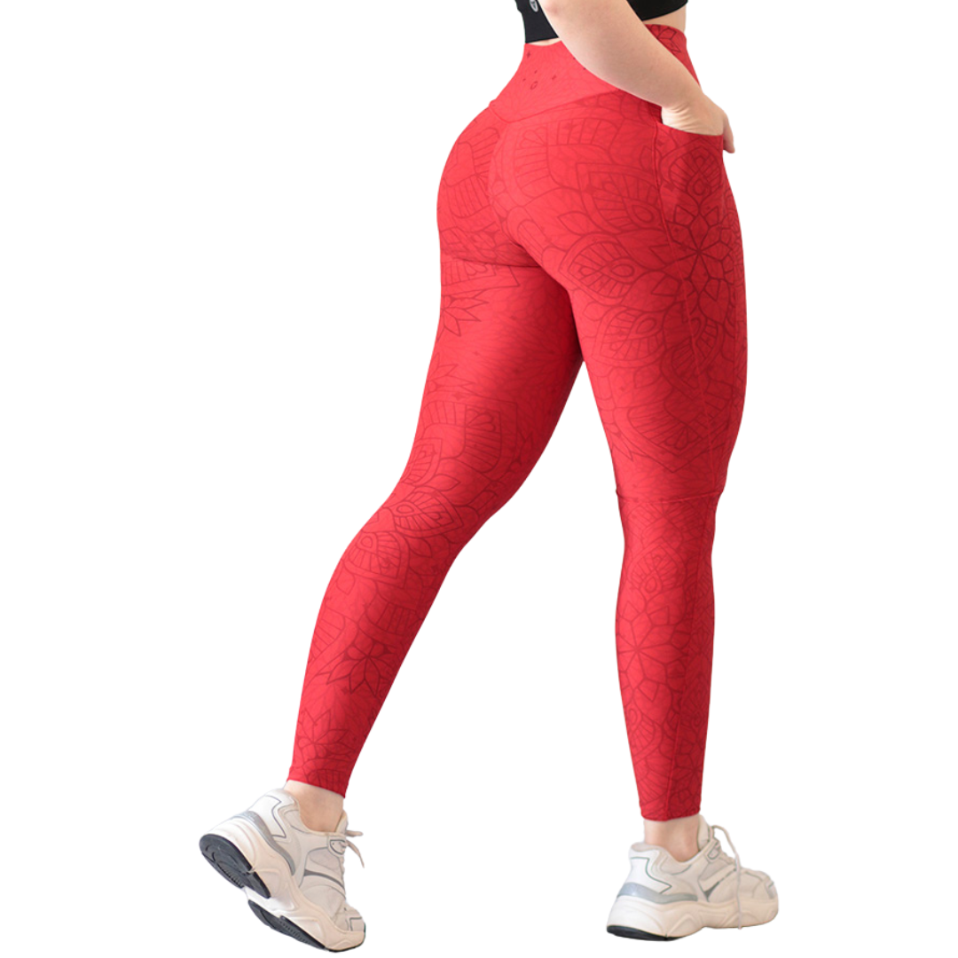 Leggings Deportivos para Mujer Fitness: Efecto Básico, Cintura Alta, Con Bolsillos Laterales, Textil Lycra Transpirable con Acabado Liso Mandala, Color Rojo | Adriana Olimpo