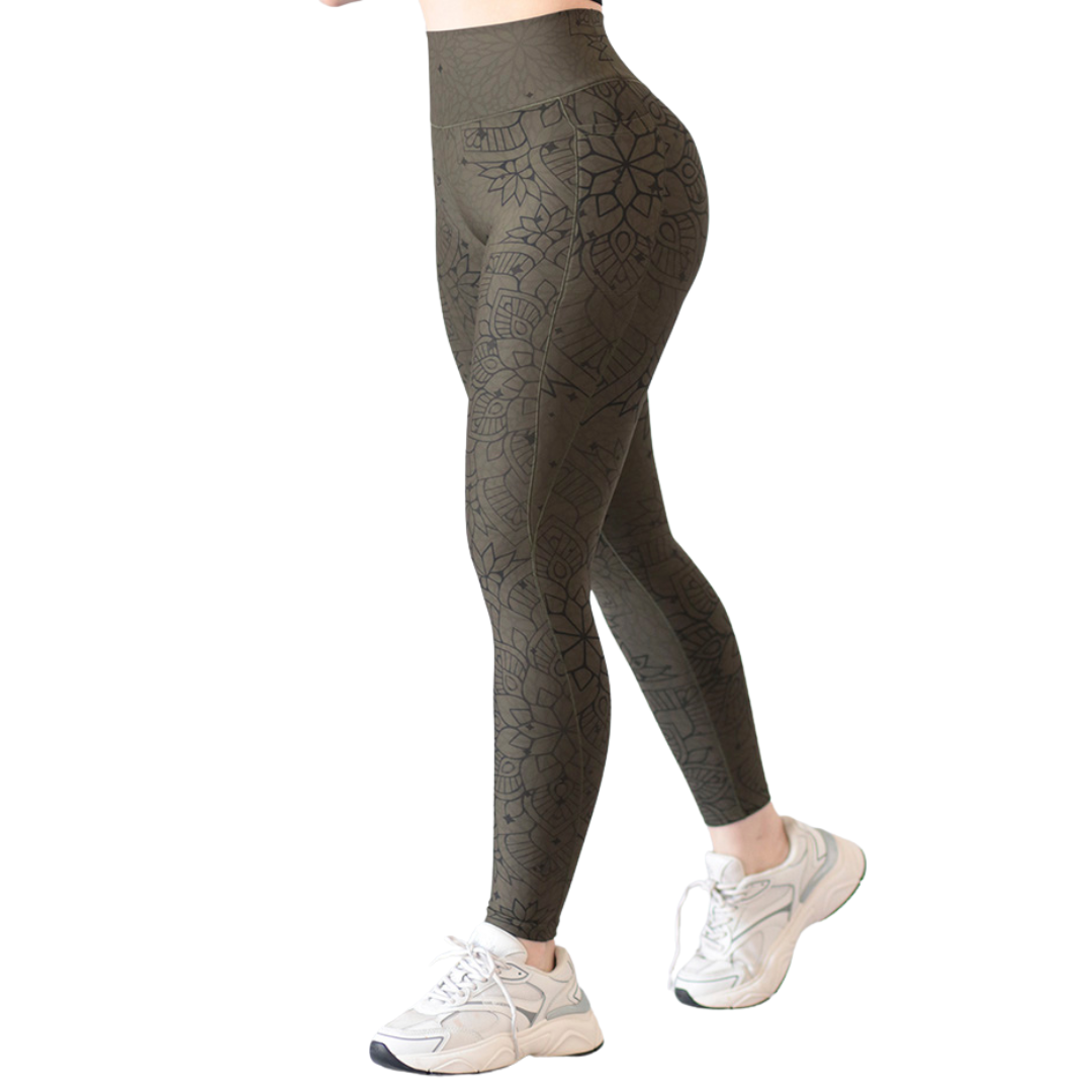 Leggings Deportivos para Mujer Fitness: Efecto Básico, Cintura Alta, Con Bolsillos Laterales, Textil Lycra Transpirable con Acabado Liso Mandala, Color Verde | Adriana Olimpo