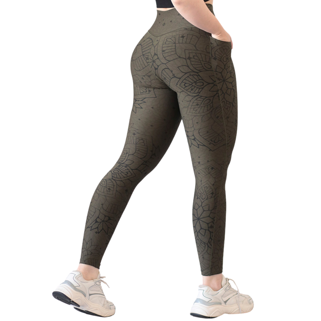Leggings Deportivos para Mujer Fitness: Efecto Básico, Cintura Alta, Con Bolsillos Laterales, Textil Lycra Transpirable con Acabado Liso Mandala, Color Verde | Adriana Olimpo