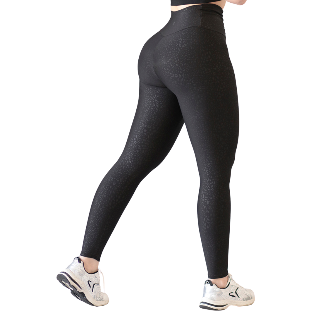 Leggings Deportivos para Mujer Fitness:  Efecto Básico, Cintura Alta, Textil Lycra Transpirable con Relieves Mini Print, Color Negro | Adriana Olimpo