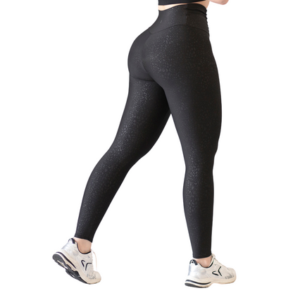 Leggings Deportivos para Mujer Fitness:  Efecto Básico, Cintura Alta, Textil Lycra Transpirable con Relieves Mini Print, Color Negro | Adriana Olimpo