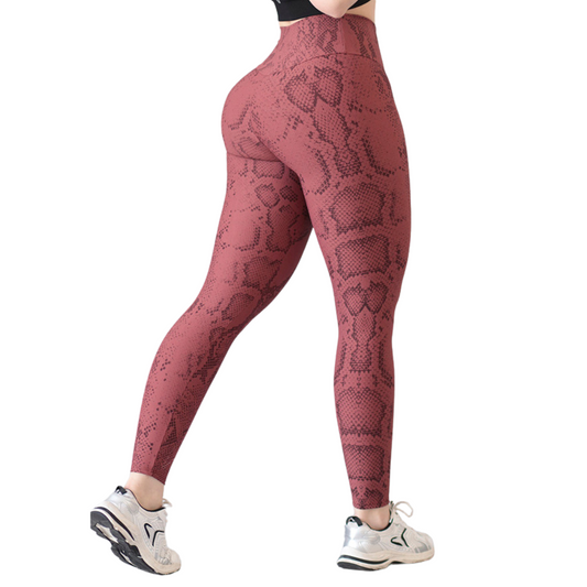 Leggings Deportivos para Mujer Fitness: Efecto Básico, Cintura Alta, Textil Lycra Transpirable con Acabado Texturizado Lineas, Color Ladrillo Snake | Adriana Olimpo
