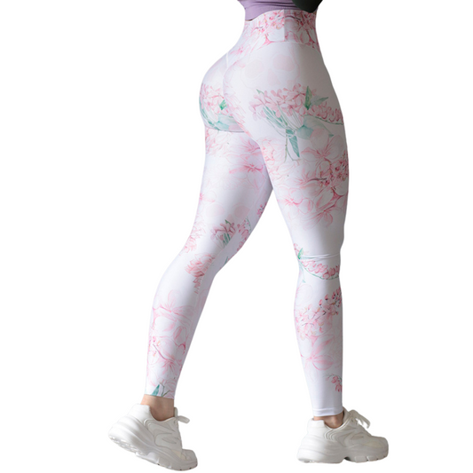Leggings deportivos supplex para mujer, efecto push up con cintura alta, textil lycra transpirable con acabado liso floral. Colores | Adriana Olimpo