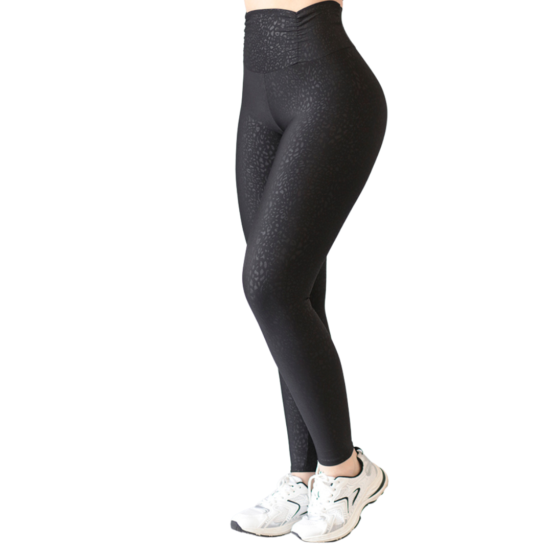 Leggings Deportivos para Mujer Fitness:  Efecto Básico, Cintura Alta, Textil Lycra Transpirable con Relieves Mini Print, Color Negro | Adriana Olimpo