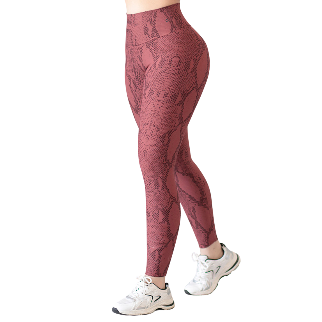 Leggings Deportivos para Mujer Fitness: Efecto Básico, Cintura Alta, Textil Lycra Transpirable con Acabado Texturizado Lineas, Color Ladrillo Snake | Adriana Olimpo