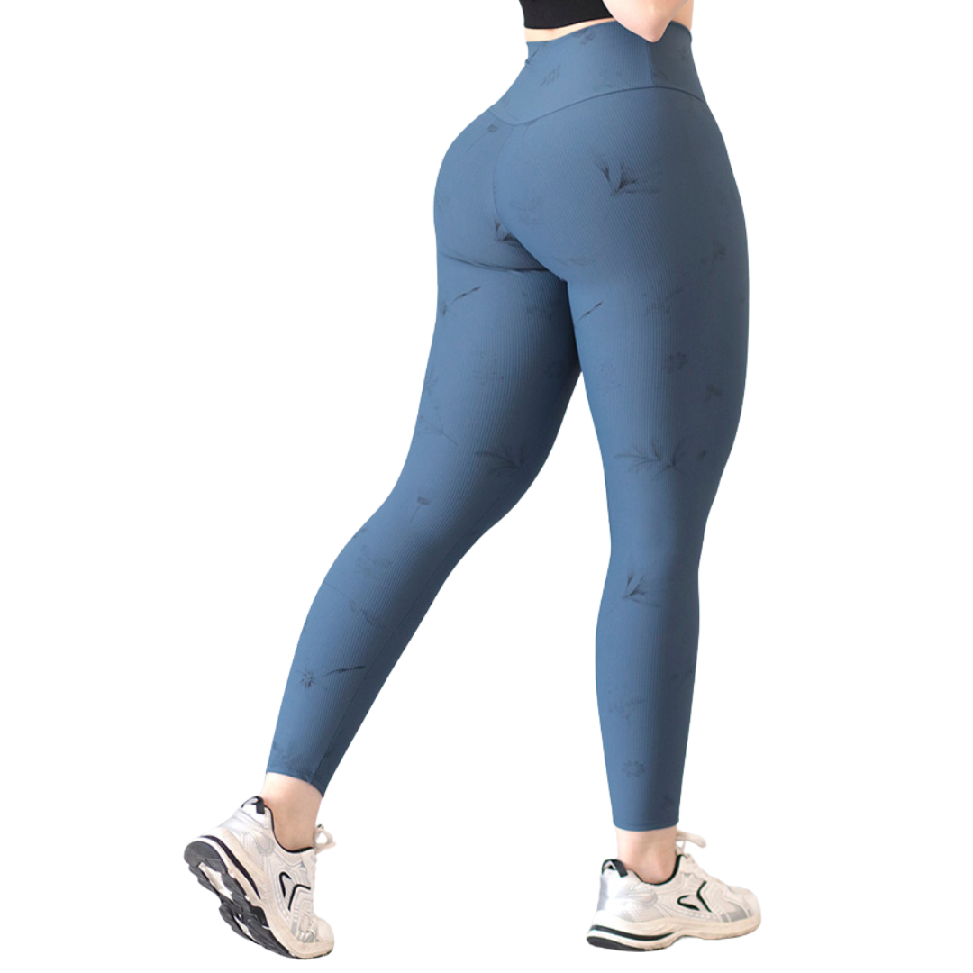 Leggings Deportivos para Mujer Fitness:  Efecto Básico, Cintura Alta, Textil Lycra Transpirable con Relieves Lineas, Color Azul Flor | Adriana Olimpo