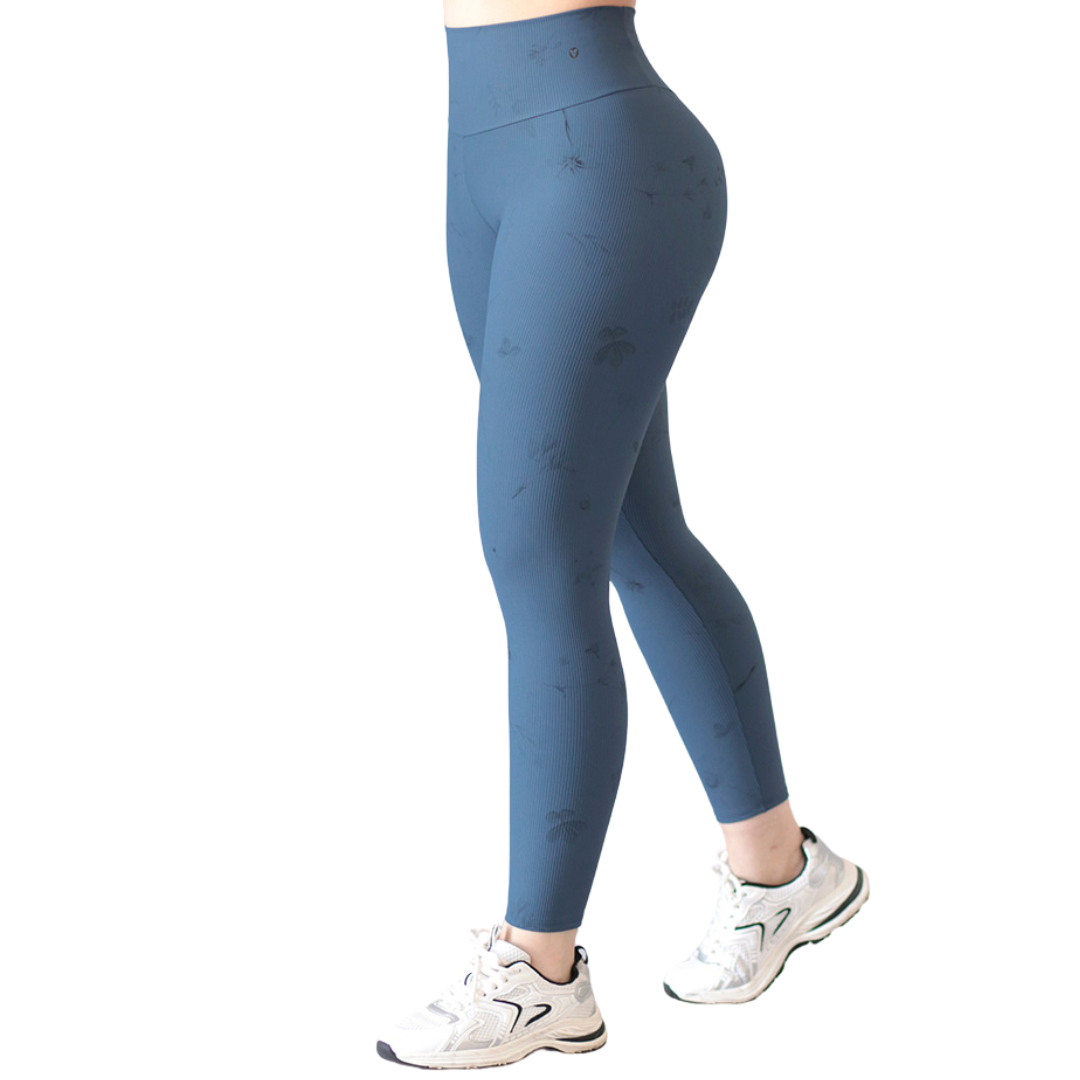 Leggings Deportivos para Mujer Fitness:  Efecto Básico, Cintura Alta, Textil Lycra Transpirable con Relieves Lineas, Color Azul Flor | Adriana Olimpo