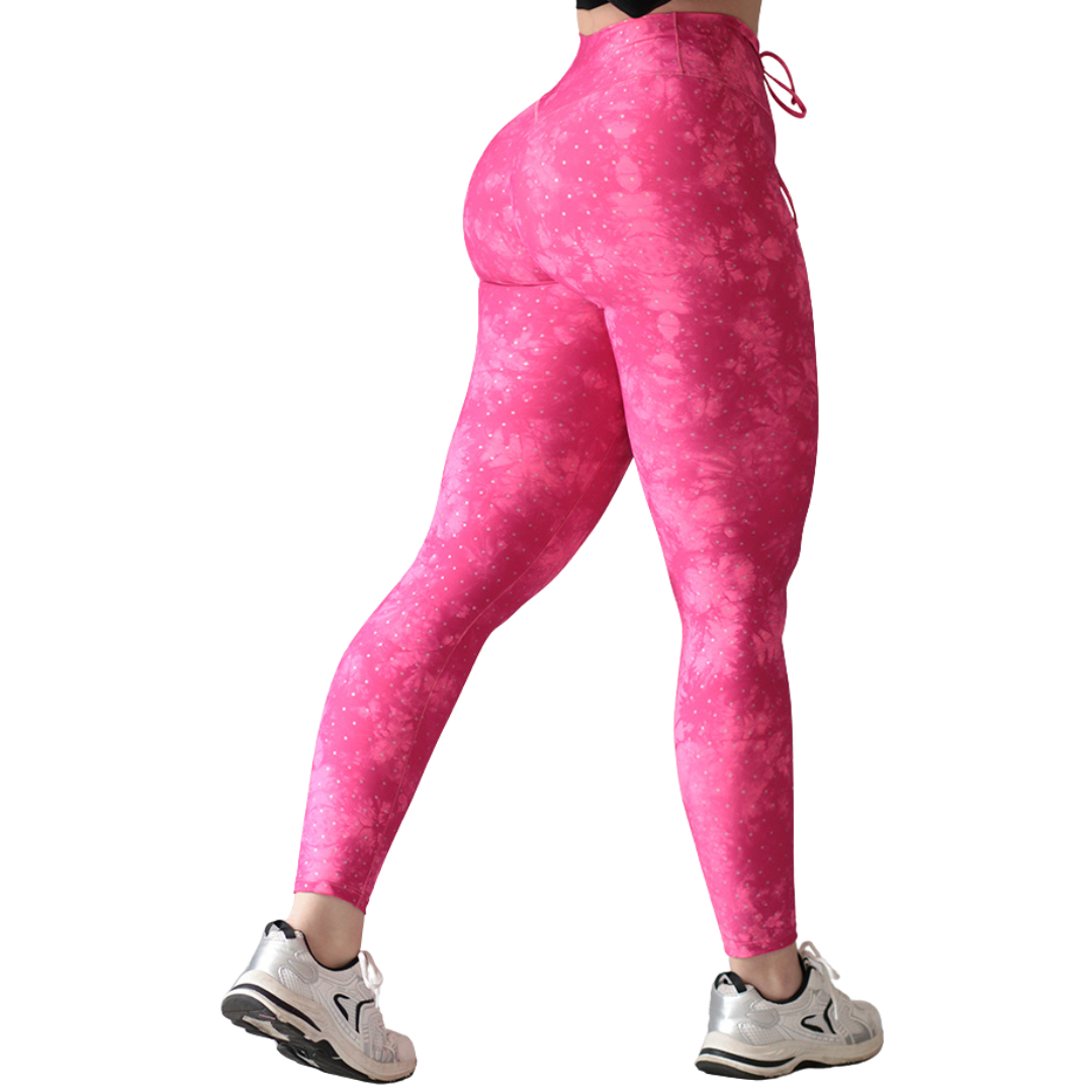 Leggings Deportivos para Mujer Fitness: Efecto Push Up, Cintura Alta, Textil Lycra Transpirable con Acabado Liso, Color Tie Dye y Puntos Rosa Fuerte | Adriana Olimpo