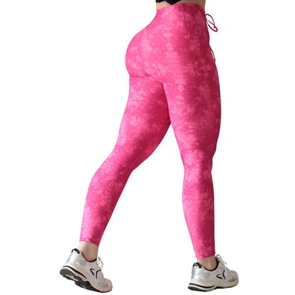 Leggings Deportivos para Mujer Fitness: Efecto Push Up, Cintura Alta, Textil Lycra Transpirable con Acabado Liso, Color Tie Dye y Puntos Rosa Fuerte | Adriana Olimpo