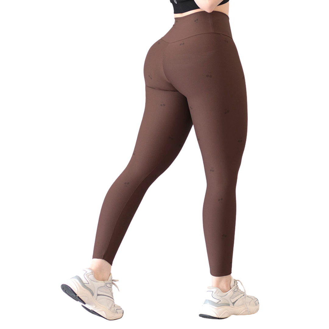 Leggings Deportivos para Mujer Fitness:  Efecto Básico, Cintura Alta, Textil Lycra Transpirable con Relieves Lineas, Color Café Cereza | Adriana Olimpo