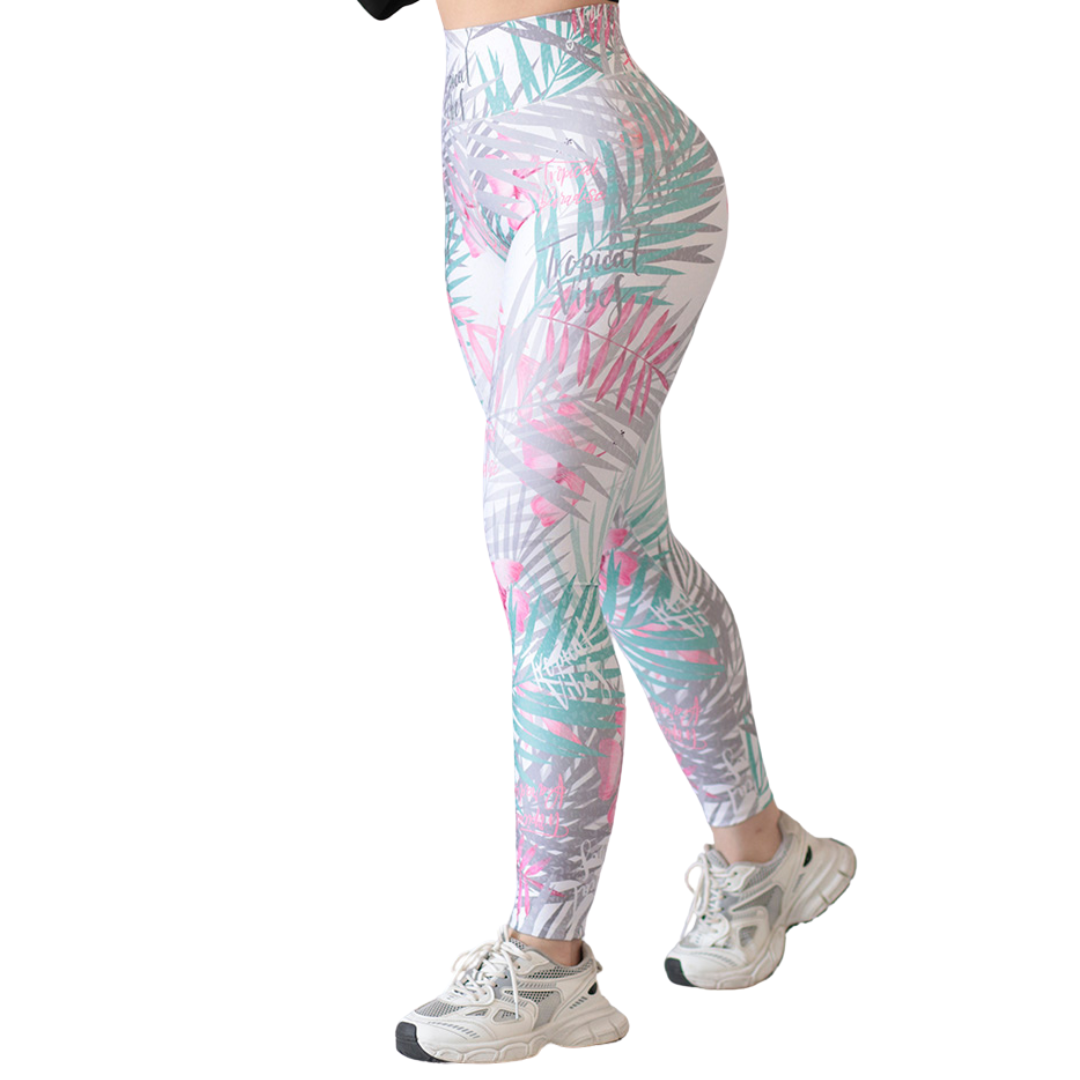 Leggings Deportivos para Mujer Fitness: Efecto Push Up, Cintura Alta, Textil Lycra Transpirable con Acabado Liso, Color Blanco Tropical | Adriana Olimpo