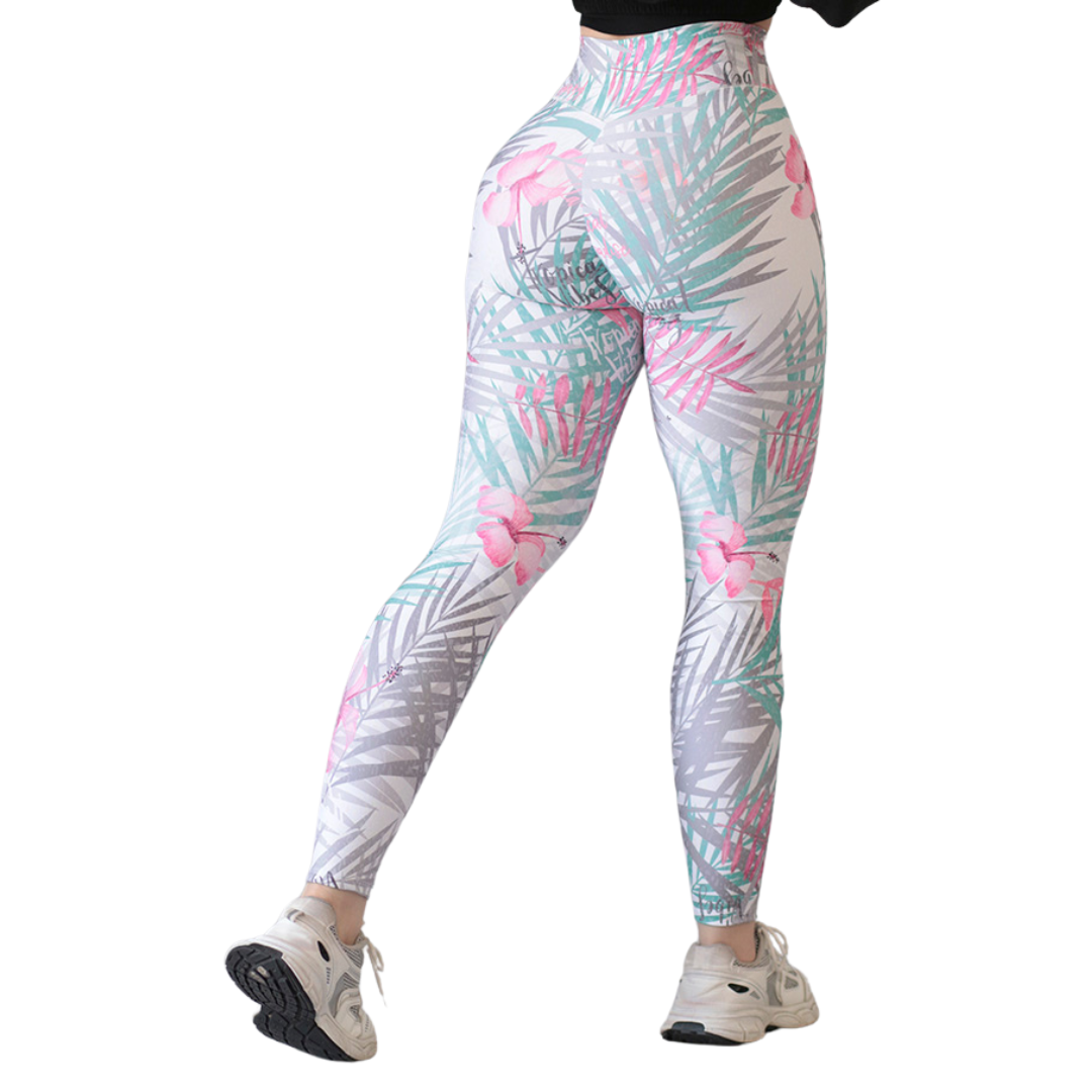 Leggings Deportivos para Mujer Fitness: Efecto Push Up, Cintura Alta, Textil Lycra Transpirable con Acabado Liso, Color Blanco Tropical | Adriana Olimpo