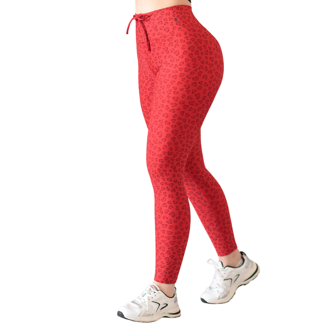 Leggings Deportivos para Mujer Fitness: Efecto Básico, Cintura Alta, Textil Lycra Transpirable con Acabado Liso Print Corazón, Color Rojo| Adriana Olimpo
