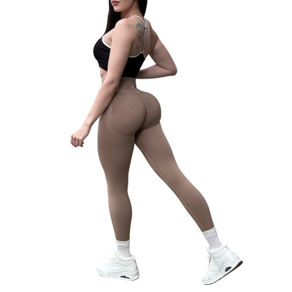 Leggings Deportivos Seamless de Compresión para Mujer Fitness: Glúteos Redondos, Vientre Plano y Cintura Definida | Push Up + Compresión Faja, Ultra Cómodos y Sin Costuras, Color Marrón Sepia | Adriana Olimpo